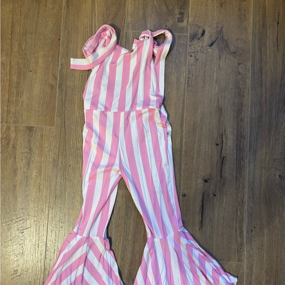 Girls Pink & White Stripe Ruffle-Hem Romper